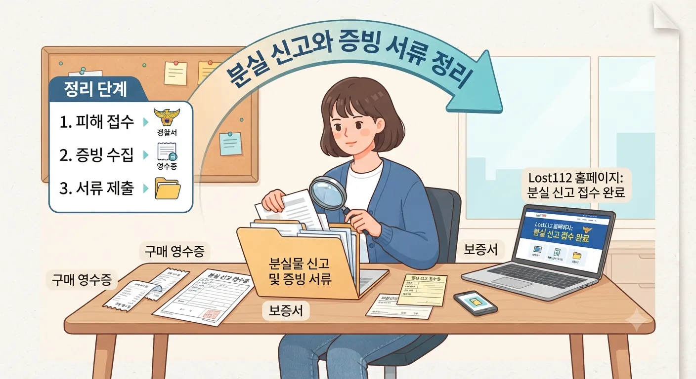 분실 신고와 증빙 정리 일러스트